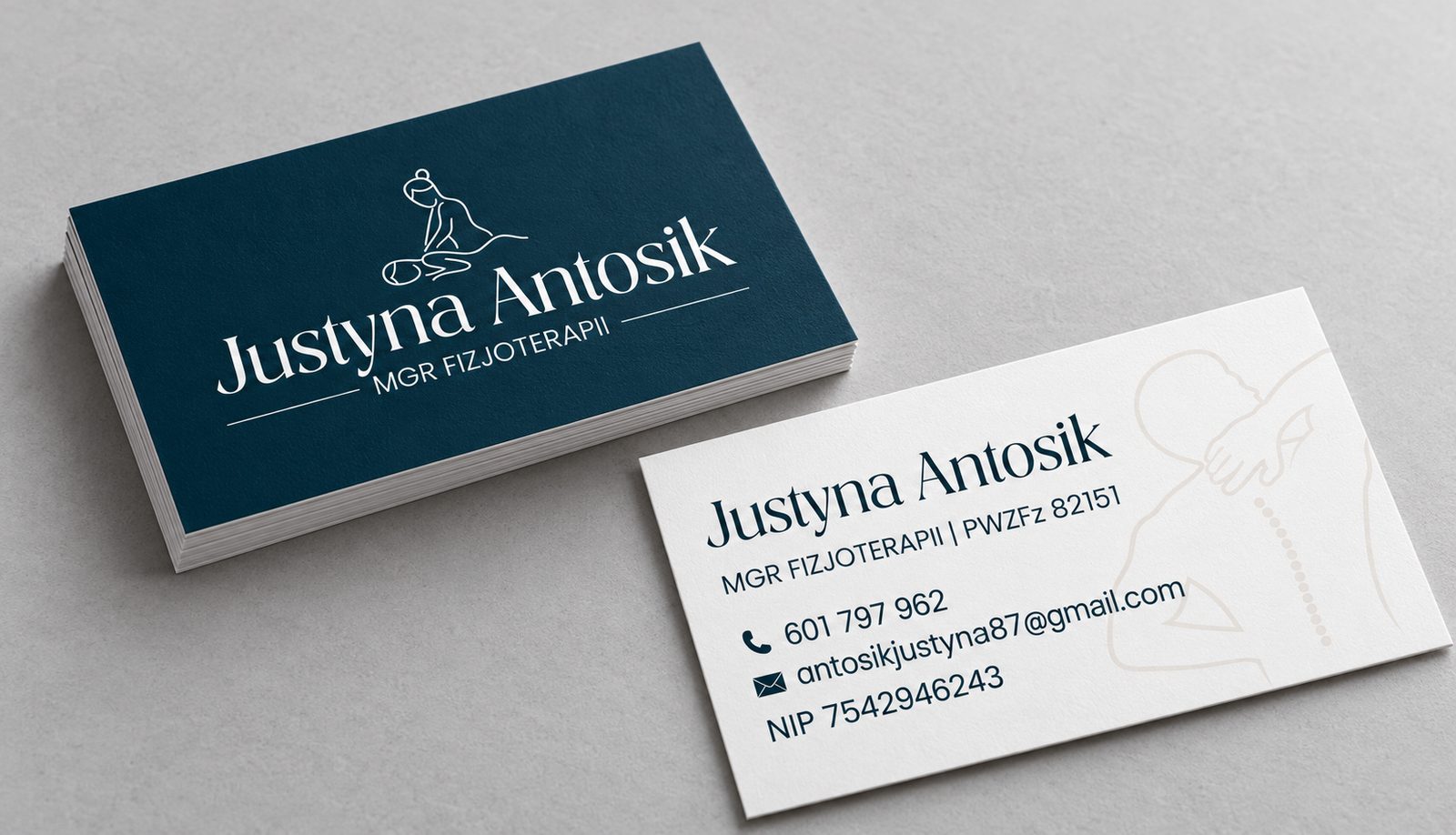Wizytówki fizjoterapeutki Justyny Antosik